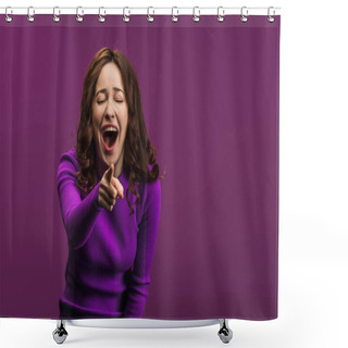 Personality  Cheerful Woman Laughing With Closed Eyes And Pointing With Finger At Camera On Purple Background Shower Curtains