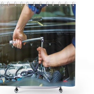 Personality  Mechanic Working On Engine In Auto Repair Shop Shower Curtains