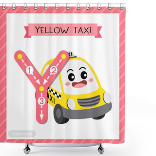 Personality  Letter Y Uppercase Cute Children Colorful Transportations ABC Alphabet Tracing Flashcard Of Yellow Taxi For Kids Learning English Vocabulary And Handwriting Vector Illustration. Shower Curtains