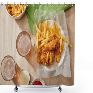 Personality  Top View Of Glasses Of Beer, Chicken Nuggets With French Fries, Ketchup And Mayonnaise On Wooden Table On Grey Background Shower Curtains