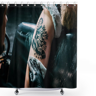 Personality  Partial View Of Tattoo Artist In Gloves Working On Tattoo On Shoulder In Salon Shower Curtains