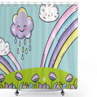 Personality  Beauty Rainbow With Happy Fluffy Clouds Vector Illustration Shower Curtains