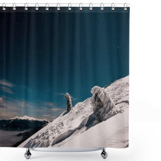 Personality  Scenic View Of Snowy Mountain With Pine Trees And White Fluffy Clouds In Dark Sky In Evening Shower Curtains