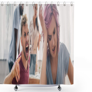 Personality  Panoramic Crop Of Offended Businesswoman Near Angry Colleague Screaming And Pointing With Finger In Office  Shower Curtains