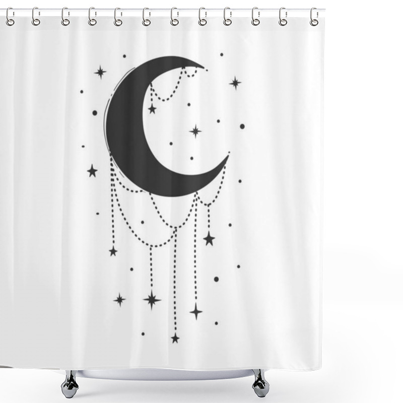 Personality  Modern Symbol Of The Crescent Moon With Decorations, Stylized Drawing, Engraving. Vector Illustration Isolated On White. Vintage Mystical Design In Boho Style, Tarot, Logo, Tattoo. Shower Curtains