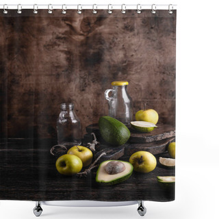Personality  Glass Bottles And Fruit Ingredients For Smoothie On Rustic Wooden Board Shower Curtains