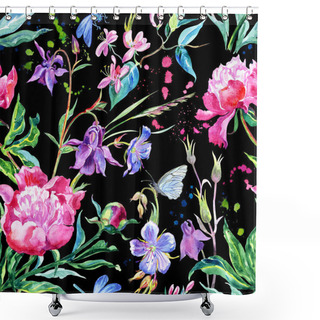 Personality  Seamless Pattern Of Peonies, Aquilegia, Honeysuckle, Geraniums, Dragonflies And Butterflies. Watercolor Floral Print With Insects. Shower Curtains