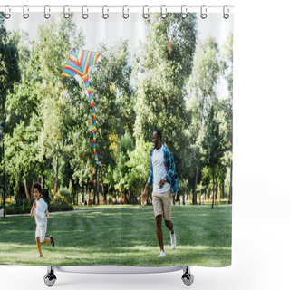 Personality  Happy African American Father And Son Running Near Kite In Park  Shower Curtains