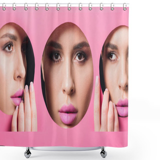 Personality  Collage Of Woman With Smoky Eyes And Pink Lips Looking Across Hole And Touching Paper, Panoramic Shot Shower Curtains