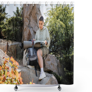 Personality  Young Short Haired Woman Tourist Looking At Map While Sitting Near Backpack With Climbing Rope, Stones And Nature At Background, Tranquil Hiker Finding Inner Peace On Trail, Summer Shower Curtains