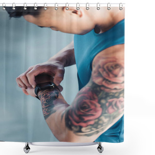 Personality  Cropped View Of Young Sportsman After Long Workout Looking At Watch Shower Curtains