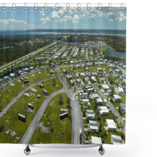 Personality  Severely Damaged And Overturned Recreational Vehicle Camper Vans And Houses After Hurricane In Florida Mobile Home Residential Area. Consequences Of Natural Disaster. Shower Curtains