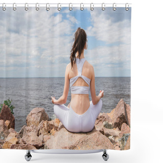 Personality  Back View Of Brunette Woman In Headphones And Sportswear Sitting In Lotus Pose While Meditating Near Sea  Shower Curtains