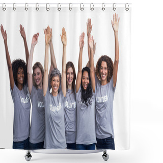 Personality  Volunteers Standing With Hands Raised Shower Curtains