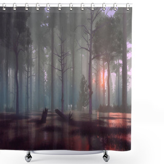 Personality  Dark Mystical Forest Swamp At Foggy Dawn Or Dusk Shower Curtains