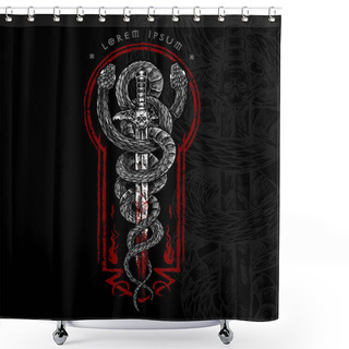 Personality  Twin Snakes With Skull Bat Wing Sword Horror Concept Vector Illustration Shower Curtains