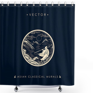 Personality  Mystical Asian Moonlit Landscape Vector Mural Shower Curtains