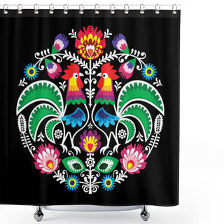 Personality  Polish Vector Folk Art Floral Round Embroidery With Roosters, Traditional Pattern - Wycinanki Lowickie On Black Shower Curtains