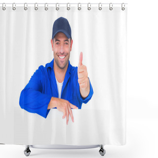 Personality  Mechanic With Blank Placard Gesturing Thumbs Up Shower Curtains