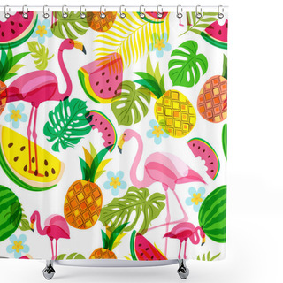 Personality  Vector Seamless Tropical Pattern With Pink Flamingo, Palm Leaves, Watermelon And Pineapples. Summer Tropical Illustration. Trendy Design For Summer Fashion Textile Prints And Backgrounds. Shower Curtains