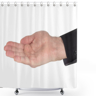 Personality  Man's Hand In Shirt Begs To Something Isolated On White Background. Palm Up, Close Up Shower Curtains