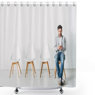 Personality  Handsome Employee Using Smartphone While Sitting On Chair In Office  Shower Curtains