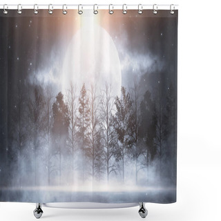 Personality  Dark Forest. Gloomy Dark Scene With Trees, Big Moon, Moonlight. Smoke, Shadow. Abstract Dark, Cold Street Background. Night View. Shower Curtains