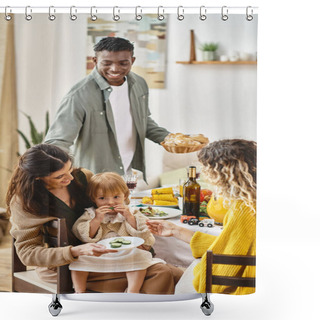 Personality  Happy Thanksgiving, Two Women Feeding Toddler Child With Cucumber Near African American Friend Shower Curtains