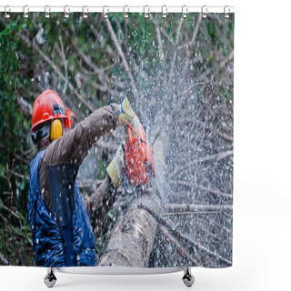 Personality  Professional Lumberjack Cutting A Big Tree In The Forest Shower Curtains