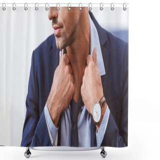 Personality  Cropped Shot Of Man In Suit Wearing Necktie At Home  Shower Curtains