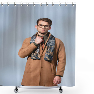 Personality  Trendy Man In Glasses And Winter Coat Standing On Grey Shower Curtains