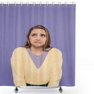 Personality  Confused Young Woman Looking Away Isolated On Purple Shower Curtains