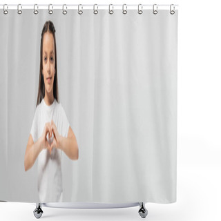 Personality  Happy Preteen Girl With Long Brunette Hair Standing In White T-shirt And Showing Heart Gesture With Hands Isolated On Grey Background, Child Protection Day Holiday, Banner  Shower Curtains