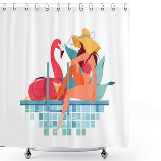 Personality  Attractive Young Woman Silhouette With Hat Near Pool Drinking Fresh. Shower Curtains