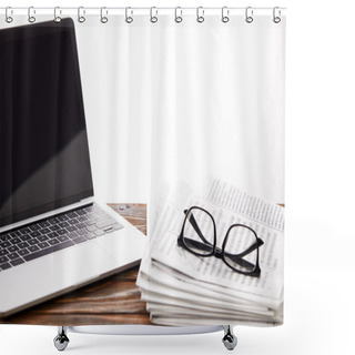 Personality  Eyeglasses On Newspapers And Laptop With Blank Screen On Wooden Surface, On White Shower Curtains