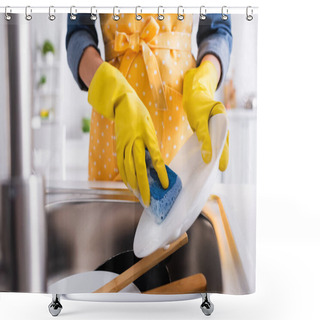 Personality  Cropped View Of Housewife In Rubber Gloves Washing Plate With Sponge  Shower Curtains