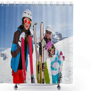 Personality  Ski, Winter, Snow, Skiers, Sun And Fun - Family Enjoying Winter Shower Curtains