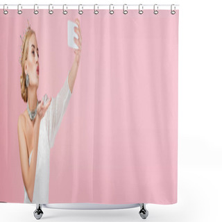 Personality  Blonde Woman In Luxury Crown Taking Selfie On Smartphone And Sending Air Kiss Isolated On Pink, Banner Shower Curtains
