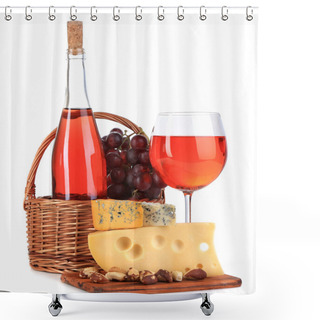 Personality  Pink Wine, Grapes And Cheese Isolated On White Shower Curtains