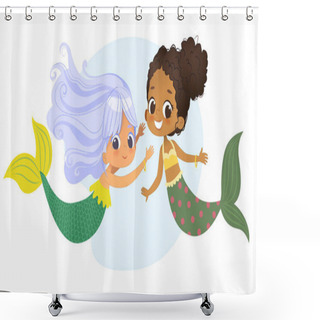 Personality  Mermaid African Caucasian Character Friend Nymph. Young Underwater African American Female Cute Mythology Princess Painting. Aquatic Isolated Marine Siren Drawing Flat Cartoon Vector Illustration Shower Curtains