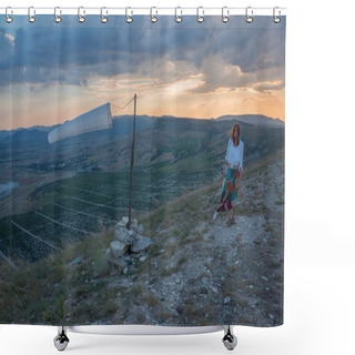 Personality  Woman Walking In Beautiful Mountainous Landscape With Windsock Waving In Crimea, Ukraine, May 2013 Shower Curtains