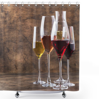 Personality  Wine Set. Red, White And Rose Wine In Assortment In Wineglasses. Wine Tasting, Vintage Wooden Background, Selective Focus, Copy Space Shower Curtains