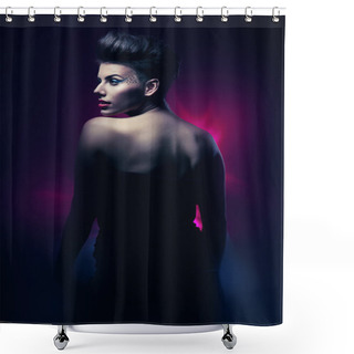 Personality  Brunette Woman With Red Lips In Dark Magenta Light Shower Curtains