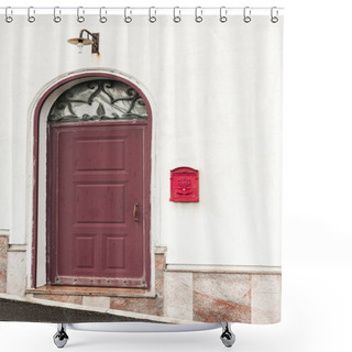 Personality  Building With Red Door Near Vintage Post Box  Shower Curtains