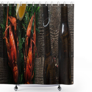 Personality  Panoramic Shot Of Red Lobsters, Lemon Slice, Dill And Glass Bottles With Beer On Wooden Surface Shower Curtains