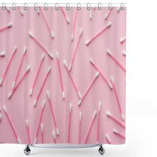 Personality  Top View Of Scattered Cotton Swabs Isolated On Pink, Beauty Concept Shower Curtains