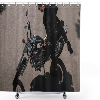 Personality  Young Biker Sitting On Vintage Classical Motorcycle On Road Shower Curtains