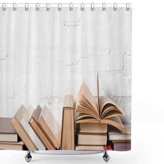 Personality  Books With Hardcovers Near White Brick Wall   Shower Curtains