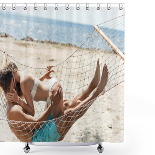 Personality  Couple Of Lovers Kissing And Resting In Hammock On Beach Near The Sea Shower Curtains