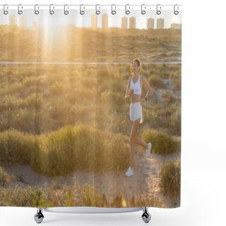 Personality  Young Sportive Woman In Wireless Earphone Running During Sunset Shower Curtains